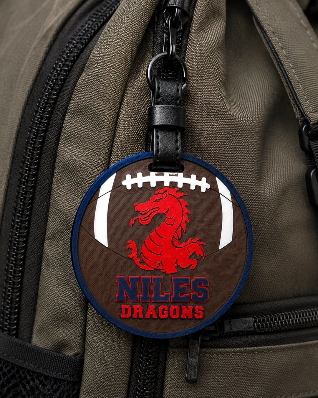 A personalized school bag tag.